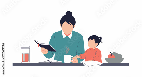 Mother reading book to child at table with coffee and fruit