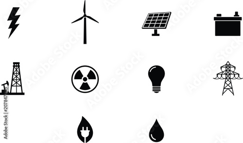 Cuadro en lienzo Industrial and renewable energy power generation solid glyph icon set featuring