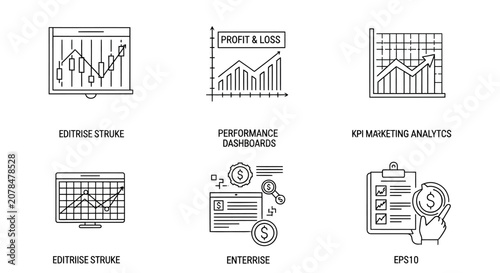 Business analytics icons: charts, graphs, finance, performance, marketing, enterprise
