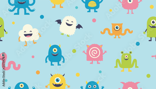 Colorful seamless pattern featuring cute and friendly cartoon monsters of different shapes on a pastel blue background.