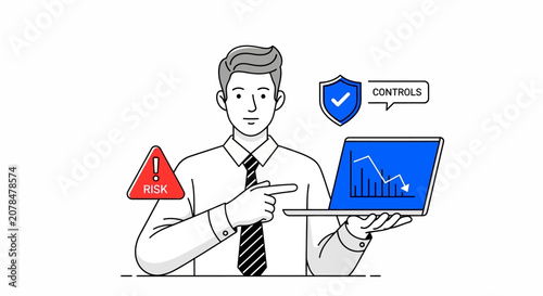 Businessman pointing at laptop showing declining graph, risk and control icons