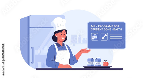 Chef promoting milk program for student bone health with educational display