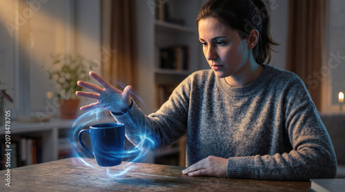 woman lifting coffee cup with the power of her mind. Telekinesis