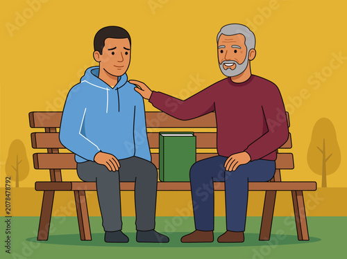 Elderly Man Comforting Youngster on Park Bench, Sharing Advice and Support