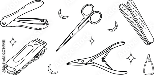 Obraz na płótnie Manicure and pedicure tools line icon set featuring nail clippers grooming sciss