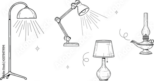 Bild auf Leinwand Lighting and lamps line icon set featuring tall floor lamp adjustable desk lamp