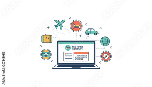 Online hotel booking service on laptop screen surrounded by various colorful travel icons on white background.