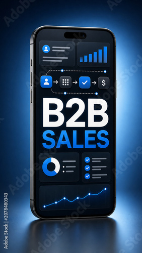 Modern smartphone displaying B2B sales dashboard graphics with charts, workflow icons, and blue business analytics interface.