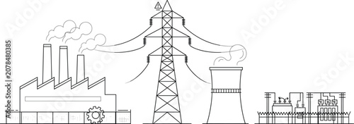 Photos Power plant and industrial factory line art vector illustration with electricity