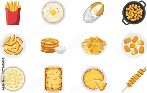Bild auf Leinwand Potato dishes and snacks icon set vector illustration with french fries mashed p