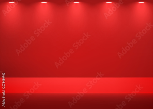 Empty red studio background. Empty Room Studio with table. Space for selling products, backdrop, wallpaper, background, text. Gradient table. Vector illustration.