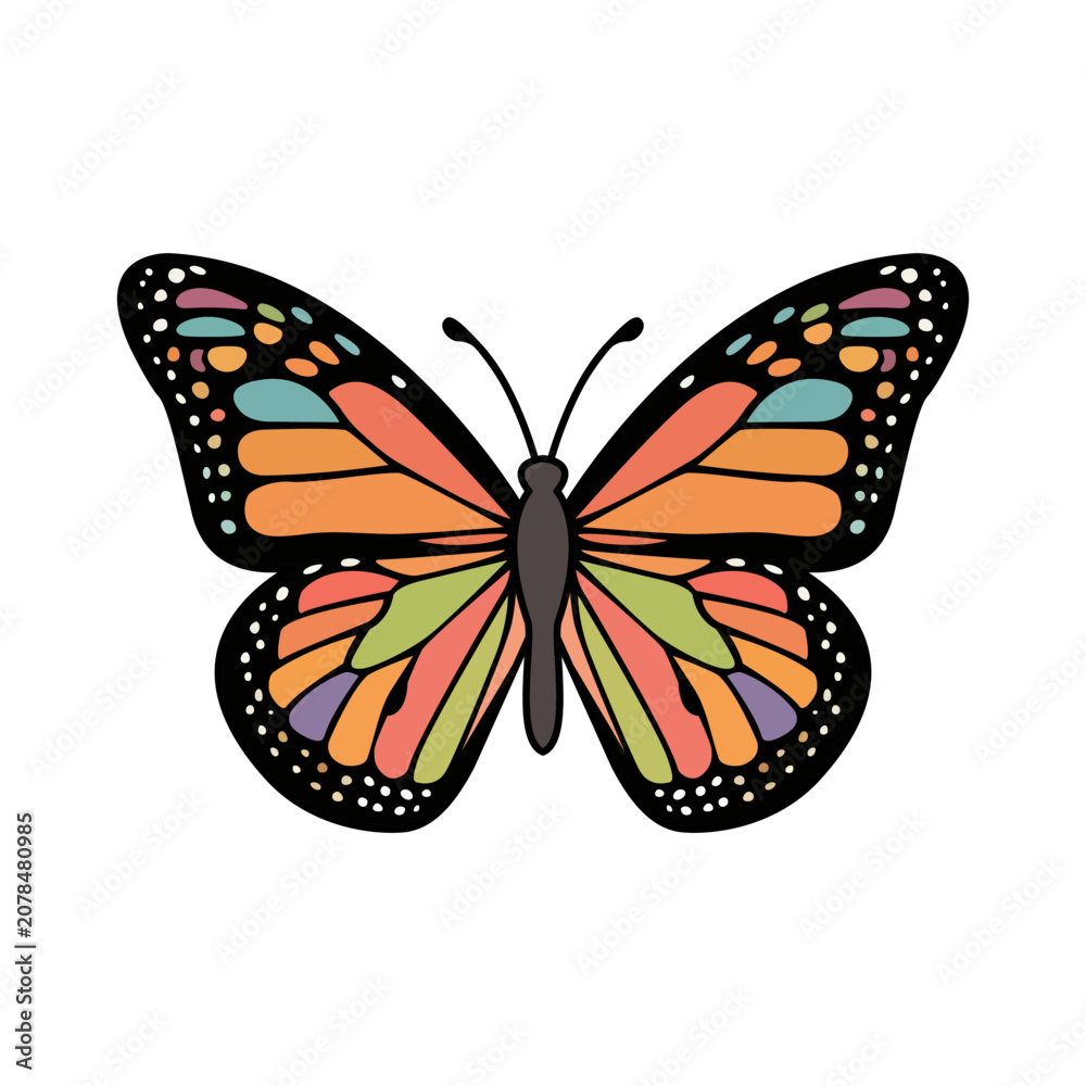 Obraz premium Colorful vibrant butterfly with symmetrical bright patterned wings and black outline.