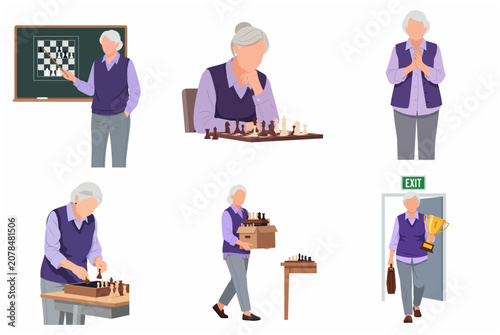 Canvas Print Senior woman chess player and coach flat vector character set