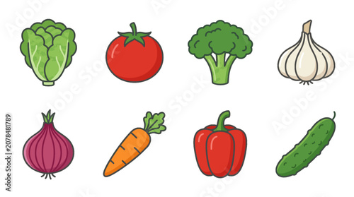 Vegetables including lettuce, tomato, broccoli, garlic, onion, carrot, pepper, and cucumber appear as colorful icons.
