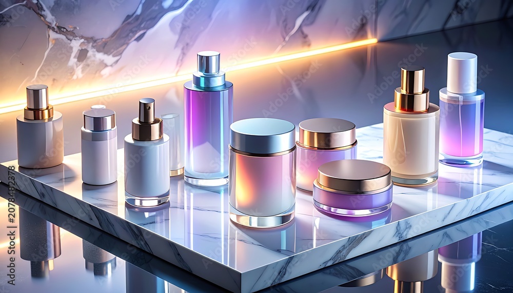 Fototapeta premium A collection of sleek cosmetic bottles on a marble surface