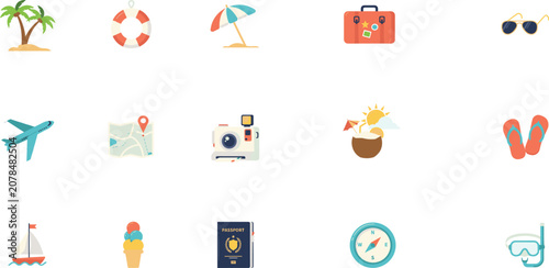 Foto Summer travel and vacation icon set vector illustration with tropical palm trees