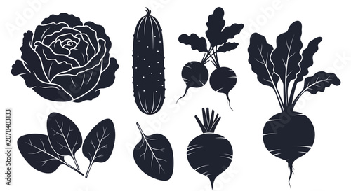 Φωτογραφία Vegetable icons including cabbage cactus beets and leafy greens in black silhoue