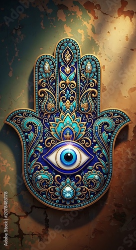 Colorful Hamsa Hand Wall Decor with Eye Symbol and Intricate Patterns.