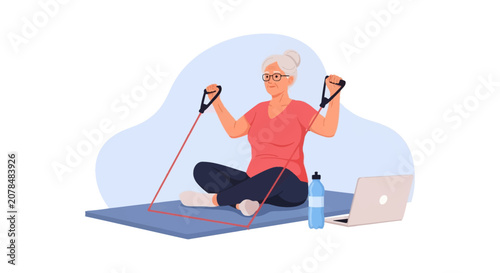 Flat vector illustration of an elderly woman sitting on a fitness mat, using a red resistance band with handles while watching an online exercise tutorial on a laptop computer.