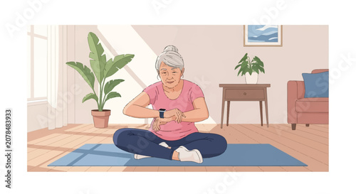Vector illustration of an older woman with grey hair sitting cross-legged on a blue yoga mat in a sunny living room, checking her smartwatch after exercising or stretching at home.
