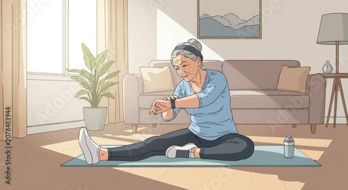 Senior woman in athletic wear sitting on a yoga mat in a living room, stretching her leg while checking her smartwatch fitness tracker for health data, vector illustration style.