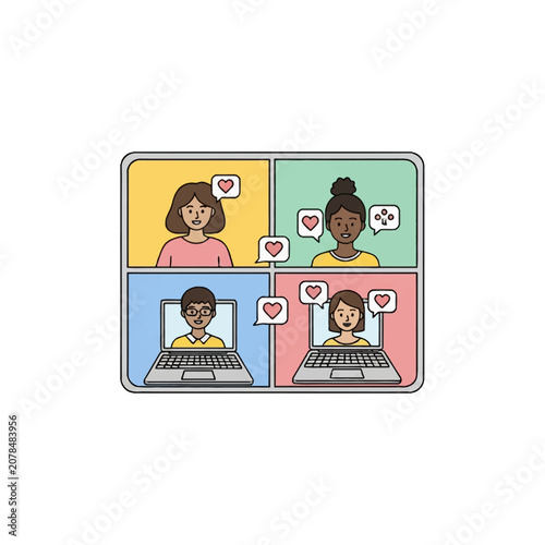 Vector illustration of an online support group video call featuring four diverse people in a grid layout with laptops and heart speech bubbles representing digital connection.