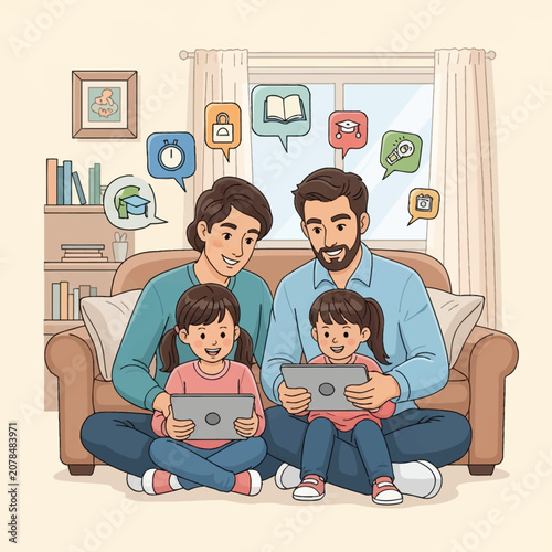 Vector illustration of a father, mother, and two daughters sitting in a living room using digital tablets for online education, featuring learning and security icons overhead.