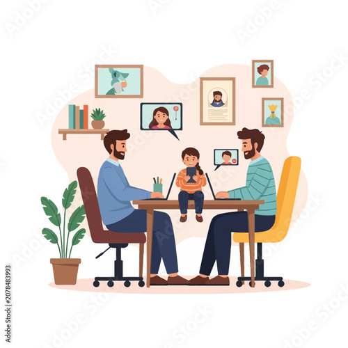 Vector illustration of two fathers working on laptops at a desk with their young daughter sitting between them using a tablet in a decorated home office during remote work.