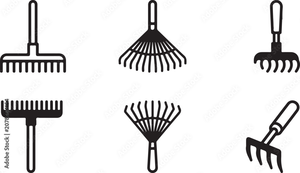 Naklejka premium Set of six different garden rake tools in black and white line art style Vector