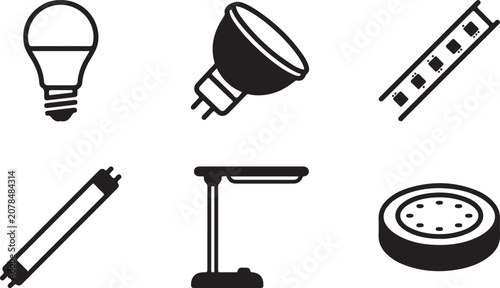 Fotografie Six different types of modern light bulbs and lamps in black and white icon styl