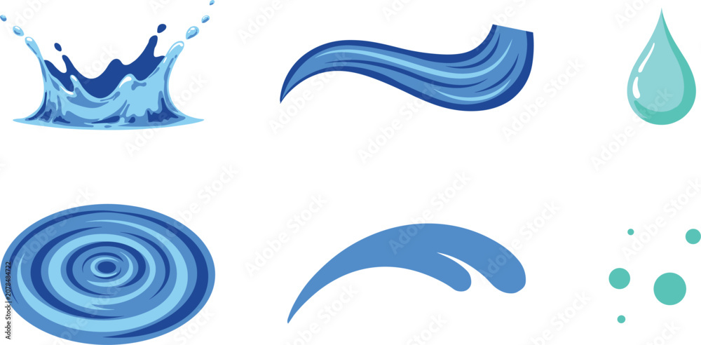 Naklejka premium Water splash and liquid ripple vector illustration collection with drops wave flows and blue bubbles isolated on a white background