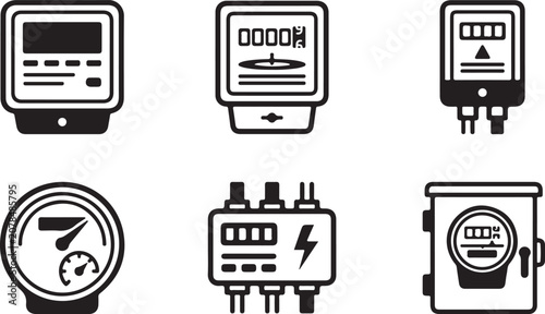 Fotografia Set of six electrical and utility meter icons in black and white Vector