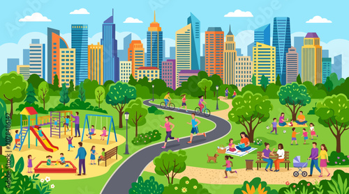 Urban Park With Playground And City Skyline View.