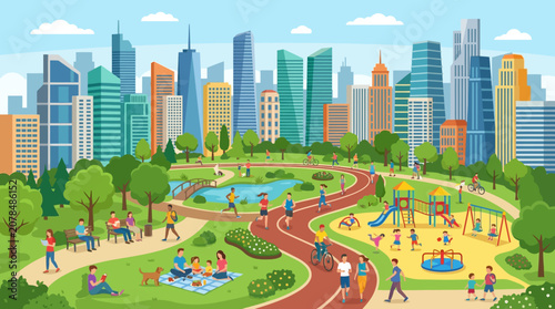 Urban Park With Playground And Skyscrapers In Background.