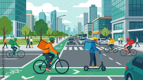 Urban Street Scene with Diverse Commuters and Vehicles.