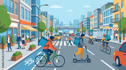 Urban Street Scene With Diverse Commuters And Vehicles.