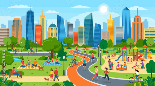 Vibrant Urban Park With Skyscrapers And People Relaxing.