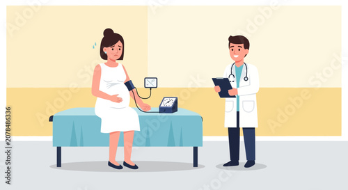Pregnant woman having blood pressure checked by doctor during medical examination