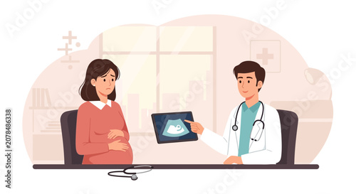 Pregnant woman consults doctor showing ultrasound scan on tablet screen