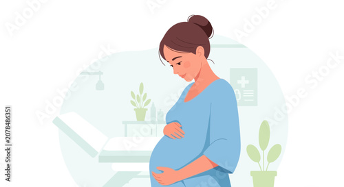 Pregnant woman in doctor's office, hopeful, happy, anticipating baby