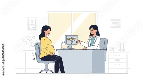 Pregnant woman talking to doctor at clinic, examining ultrasound on computer screen
