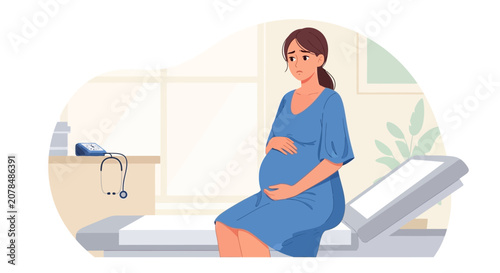 Pregnant woman sitting on examination table, feeling worried in doctor's office