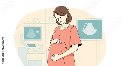 Pregnant woman worried in ultrasound room, medical imagery on screens