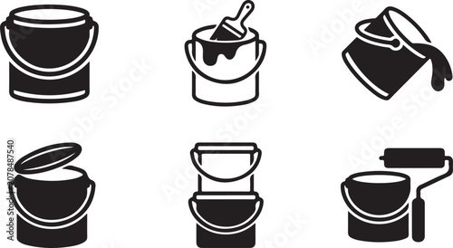 Six black paint bucket icons with different tools and lids Vector