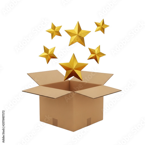 Open cardboard box with golden stars flying out