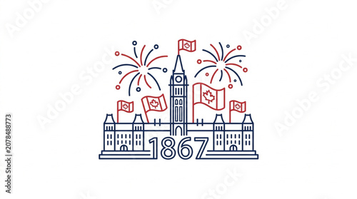 Картината върху платно Canadian Parliament Building with Fireworks and Flags.