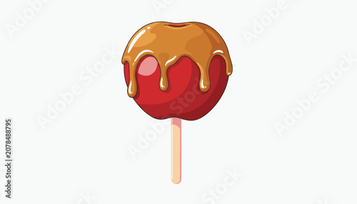 Delicious red caramel apple candy on a wooden stick with dripping golden sweet glaze isolated on a white background.