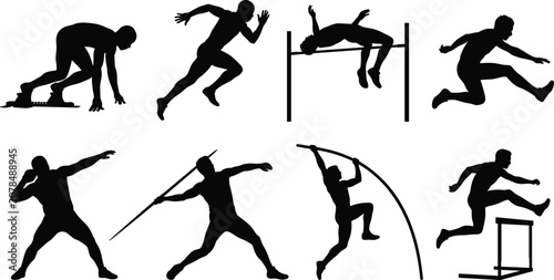 Foto Track and field athletes silhouettes set featuring sprinting hurdles high jump j