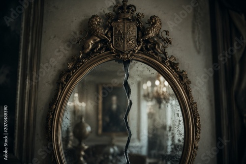 An ornate family crest mirror with a deep crack splitting it in half.
