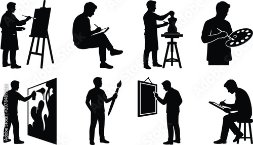Artist silhouettes set featuring painters creators sculpting drawing and making creative fine artwork on canvas